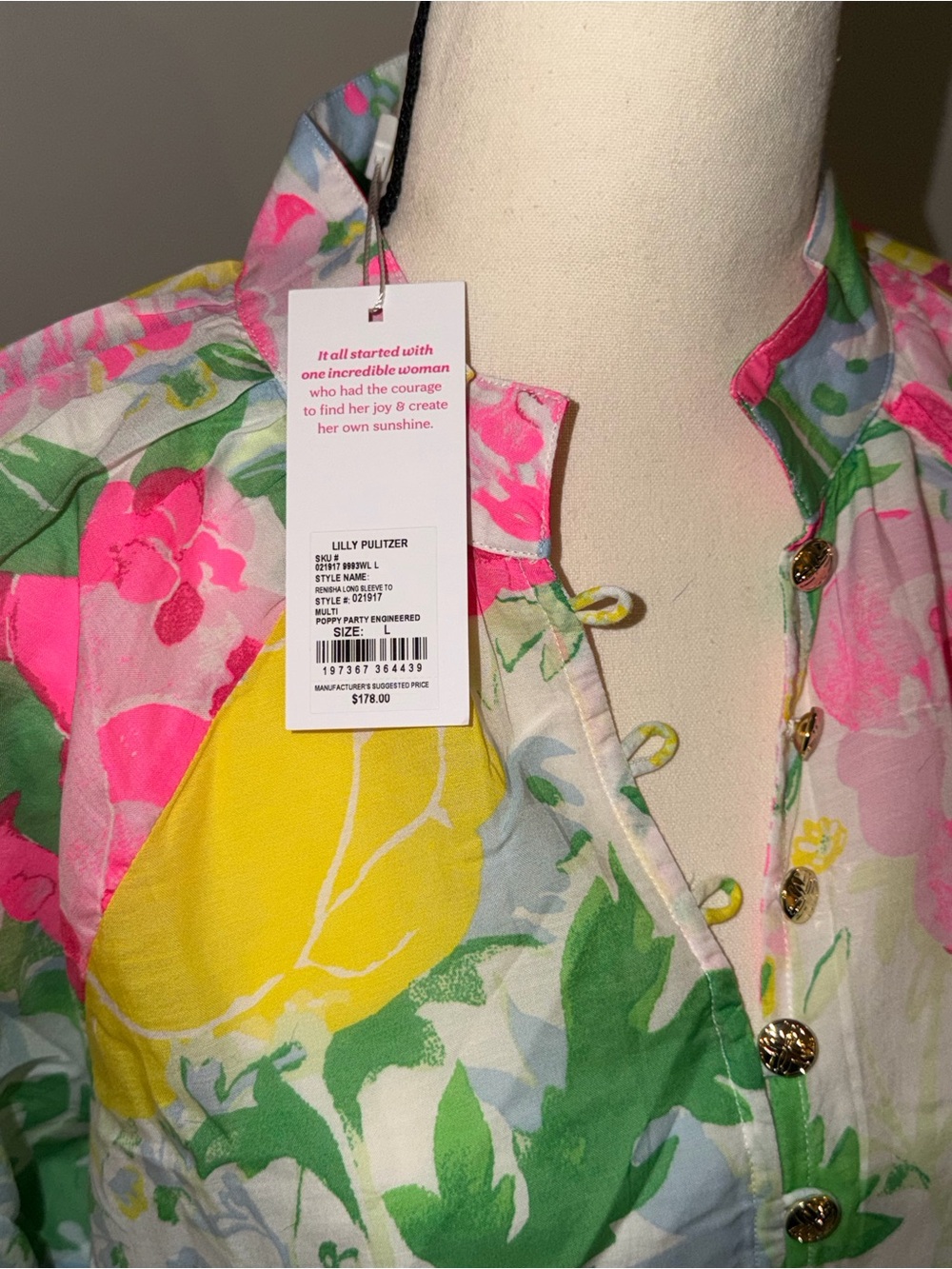 Lilly Pulitzer Floral Balloon-Sleeve Blouse in White, Green & Pink - Picture 8 of 9